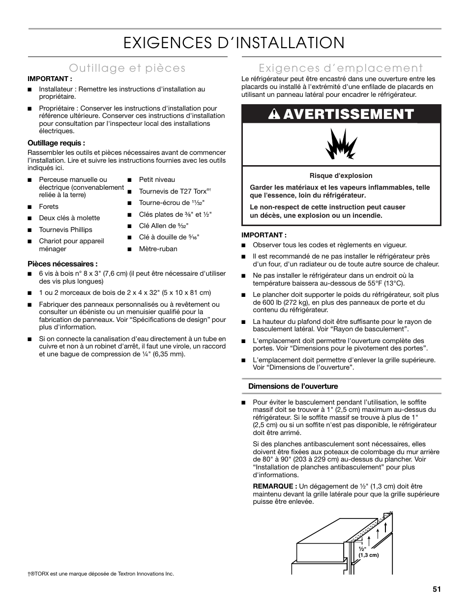 Exigences d’installation, Avertissement | Thermador KBULT3655E User Manual | Page 51 / 60