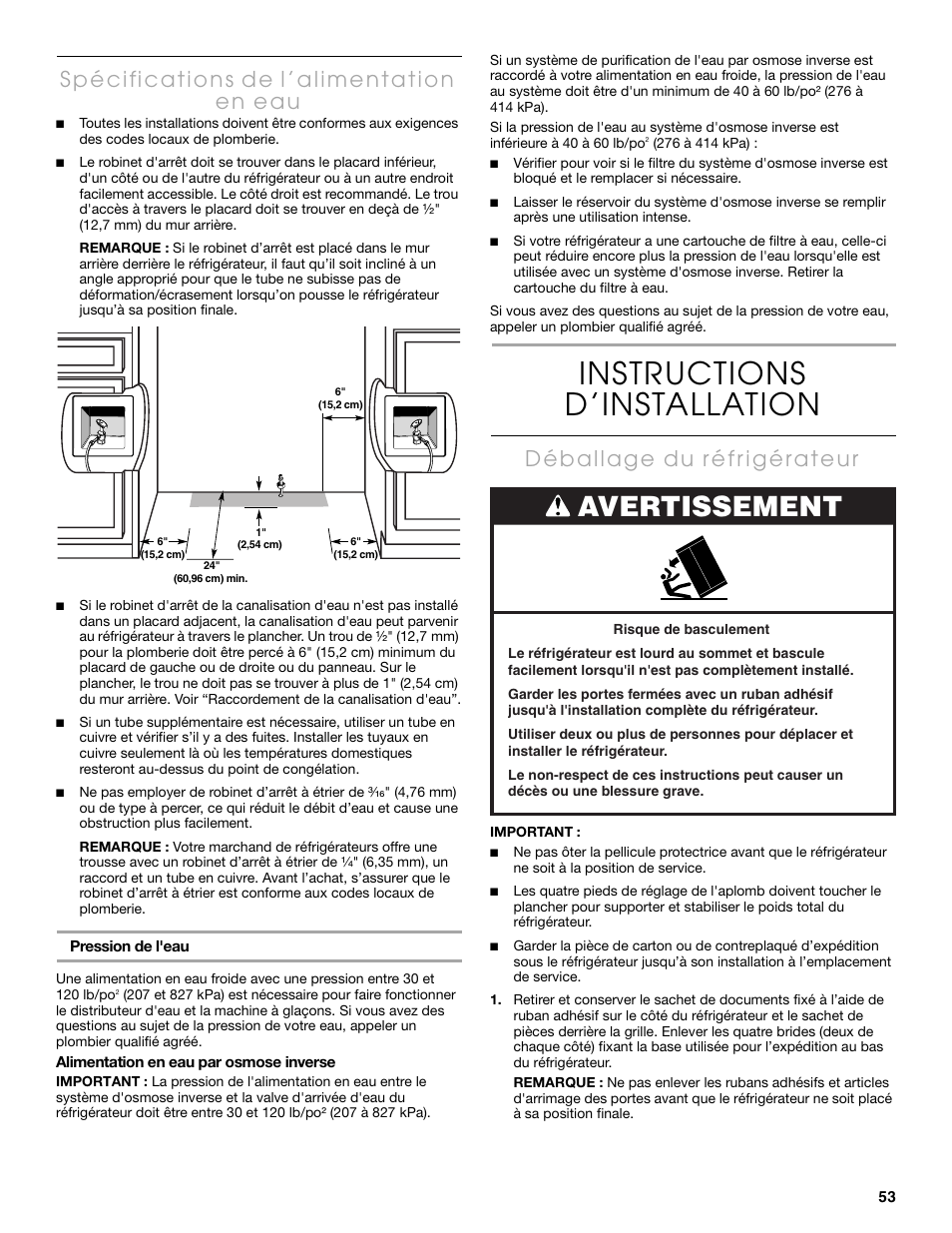 Instructions d’installation, Avertissement | Thermador KBULT3655E User Manual | Page 53 / 60