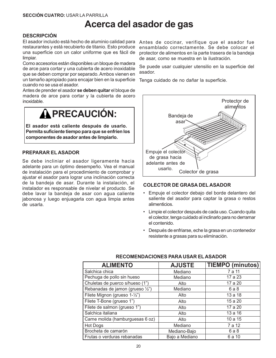 Acerca del asador de gas, Precaución, Alimento ajuste tiempo (minutos) | Thermador Pro-Harmony P304 User Manual | Page 102 / 124