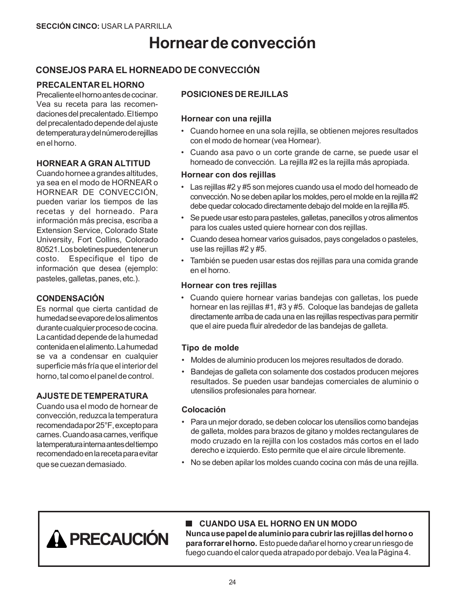 Precaución, Hornear de convección | Thermador Pro-Harmony P304 User Manual | Page 106 / 124