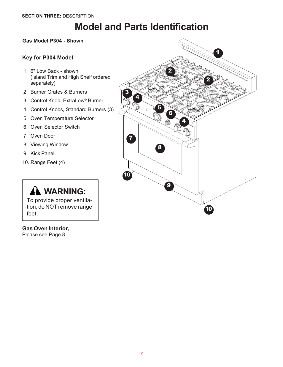 Model and parts identification, Warning | Thermador Pro-Harmony P304 User Manual | Page 11 / 124