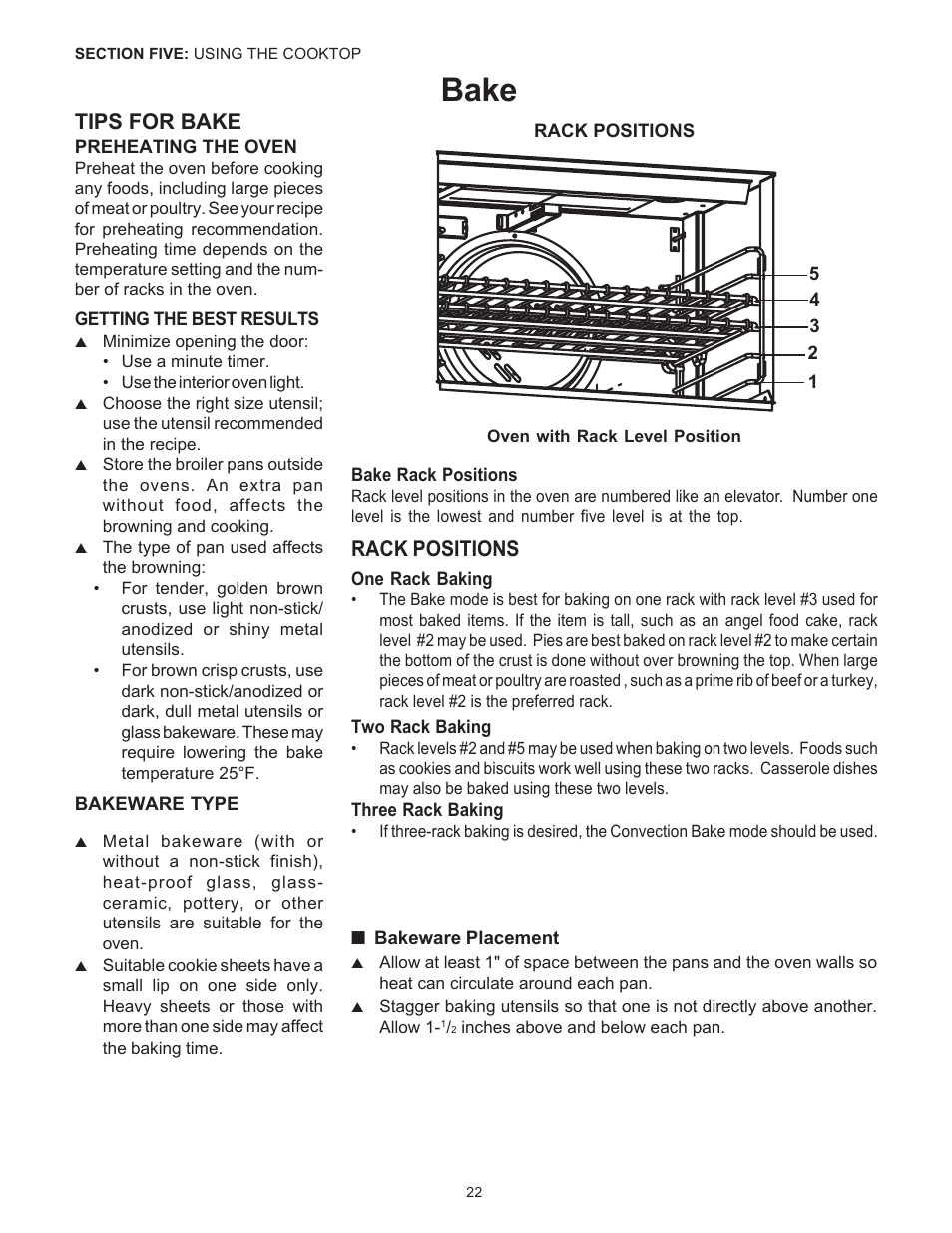 Bake, Tips for bake, Rack positions | Thermador Pro-Harmony P304 User Manual | Page 24 / 124