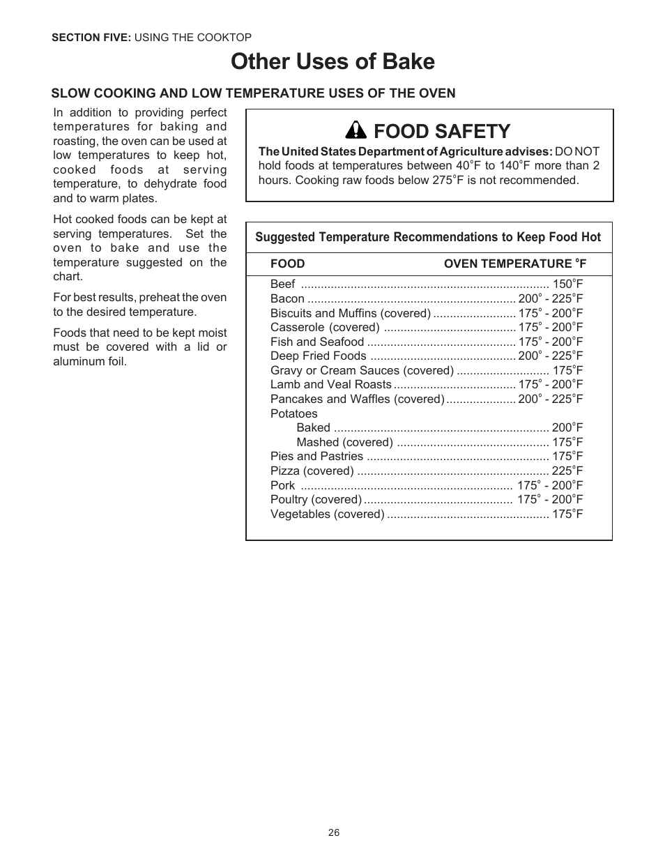 Other uses of bake, Food safety | Thermador Pro-Harmony P304 User Manual | Page 28 / 124