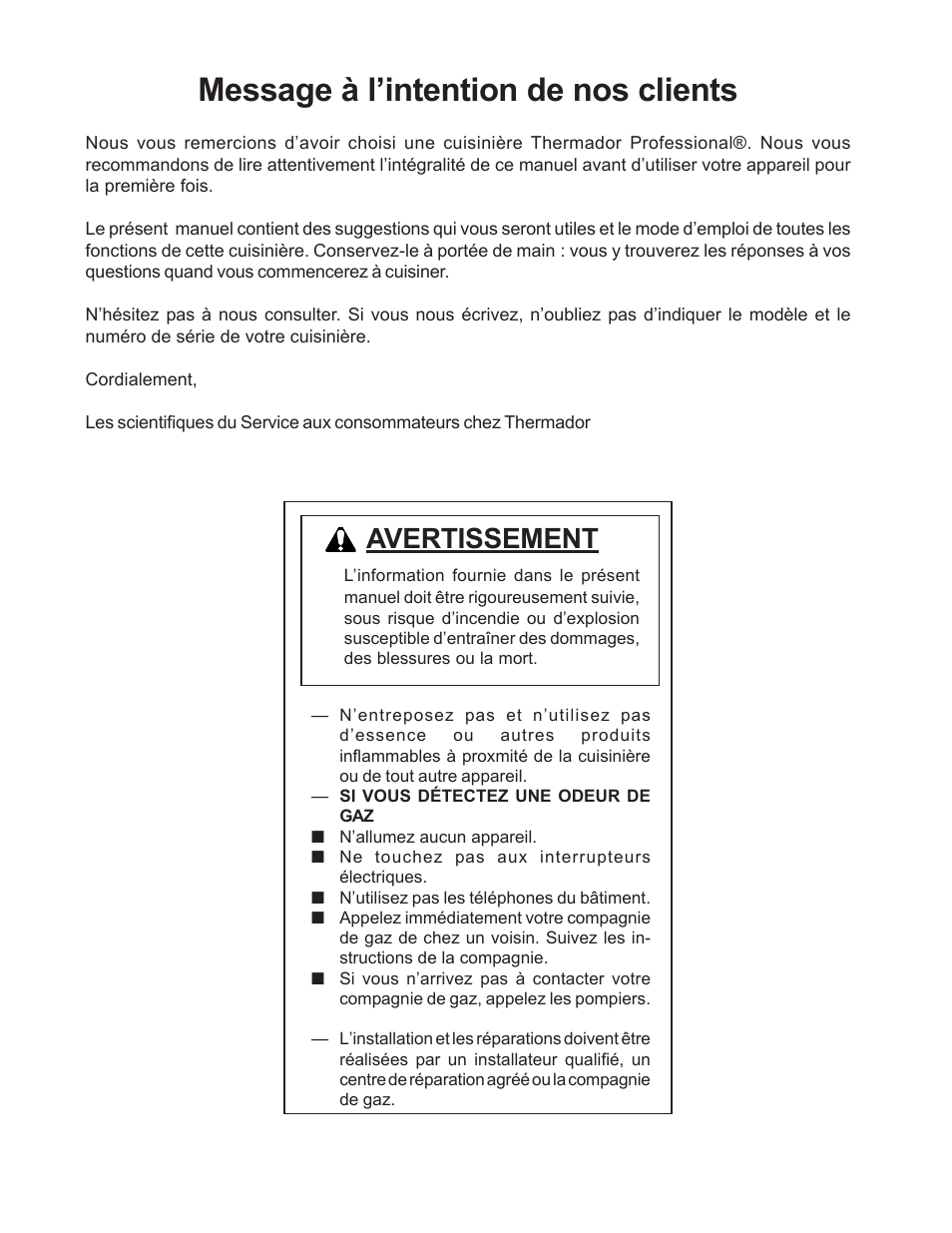 Message à l’intention de nos clients, Avertissement | Thermador Pro-Harmony P304 User Manual | Page 42 / 124