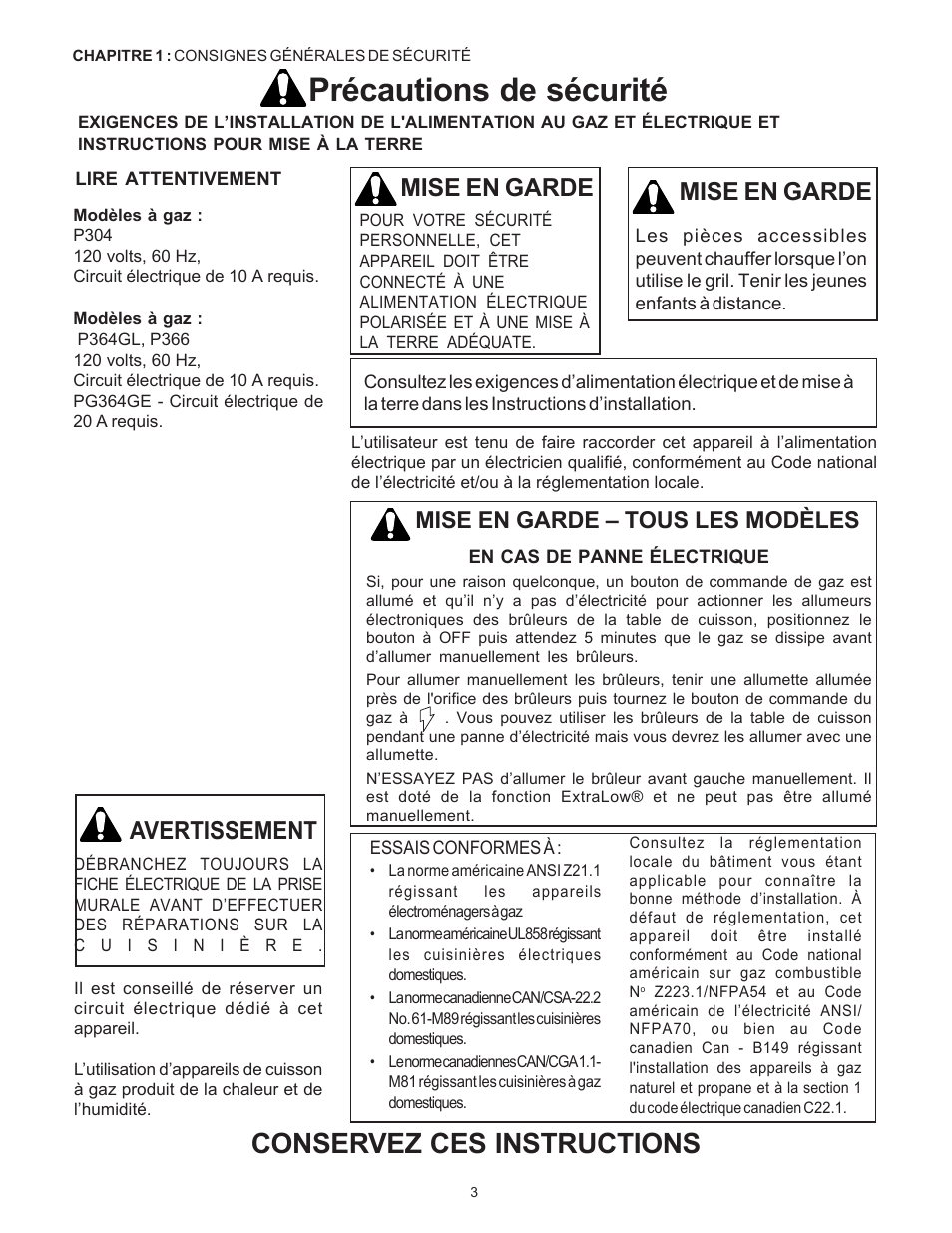 Précautions de sécurité, Conservez ces instructions, Mise en garde | Mise en garde avertissement, Mise en garde – tous les modèles | Thermador Pro-Harmony P304 User Manual | Page 45 / 124