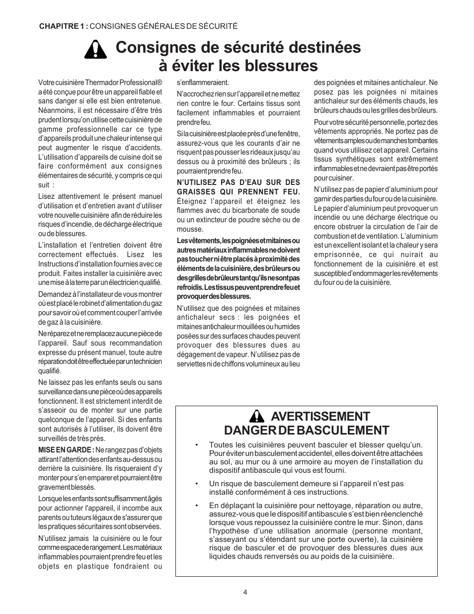 Avertissement danger de basculement | Thermador Pro-Harmony P304 User Manual | Page 46 / 124