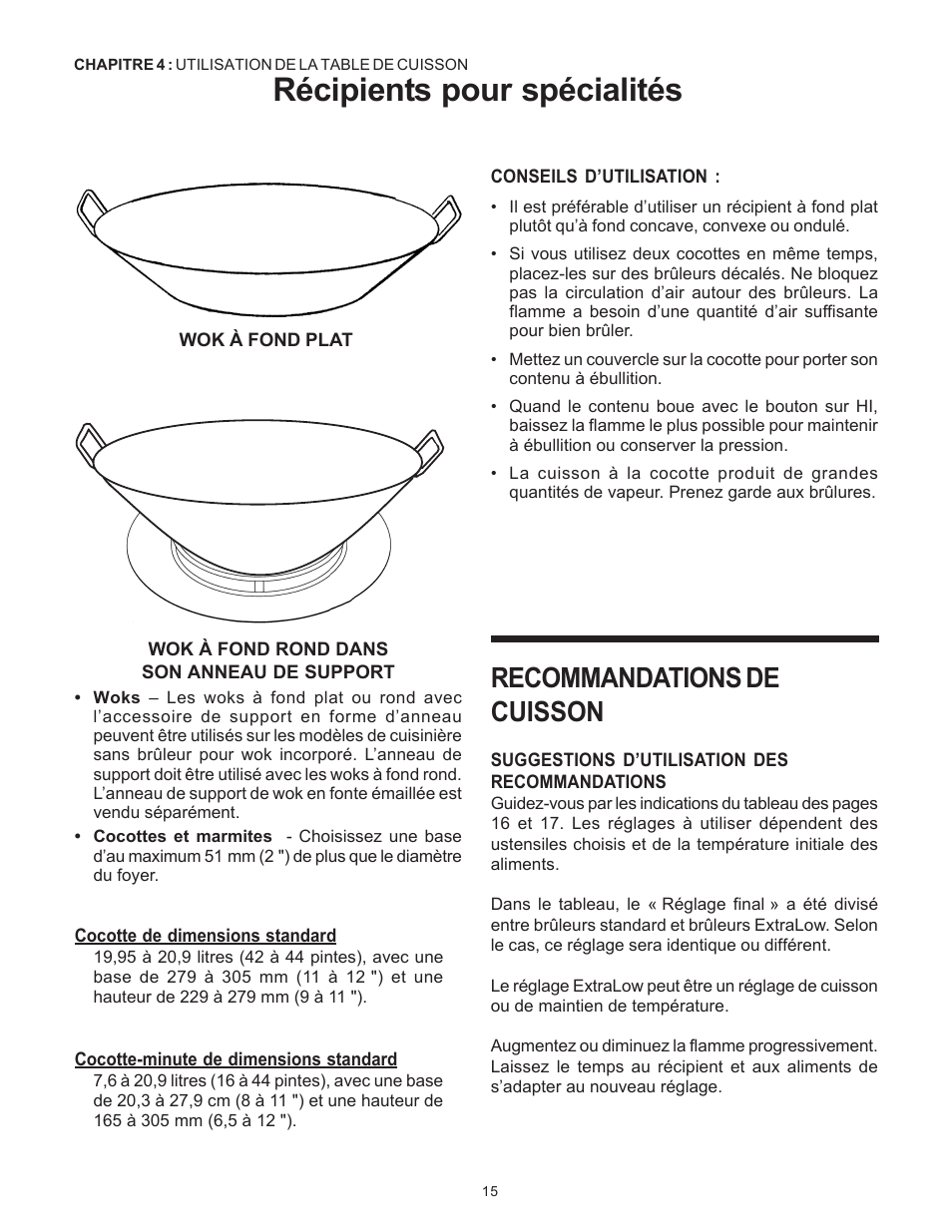 Récipients pour spécialités, Recommandations de cuisson | Thermador Pro-Harmony P304 User Manual | Page 57 / 124