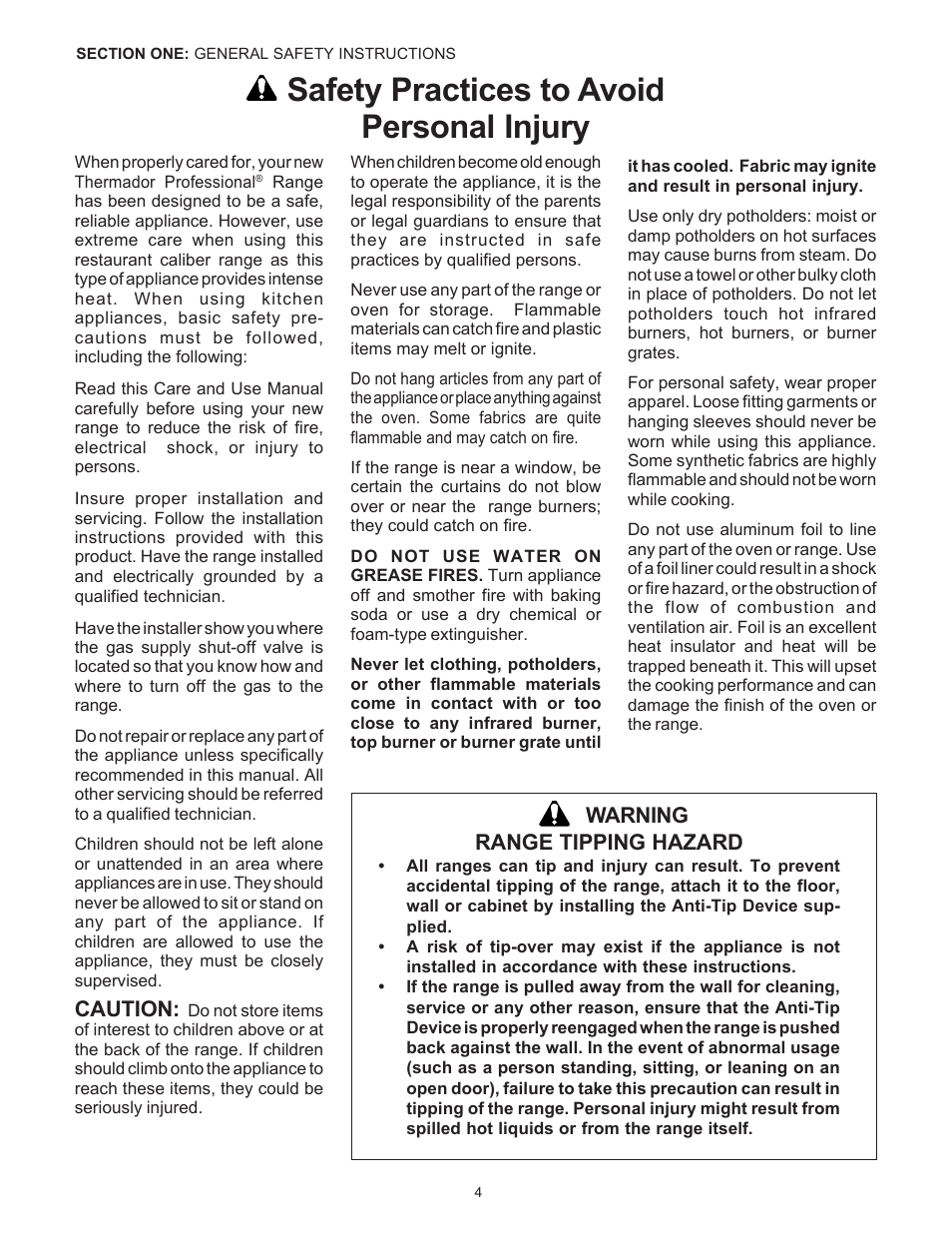 Safety practices to avoid personal injury | Thermador Pro-Harmony P304 User Manual | Page 6 / 124