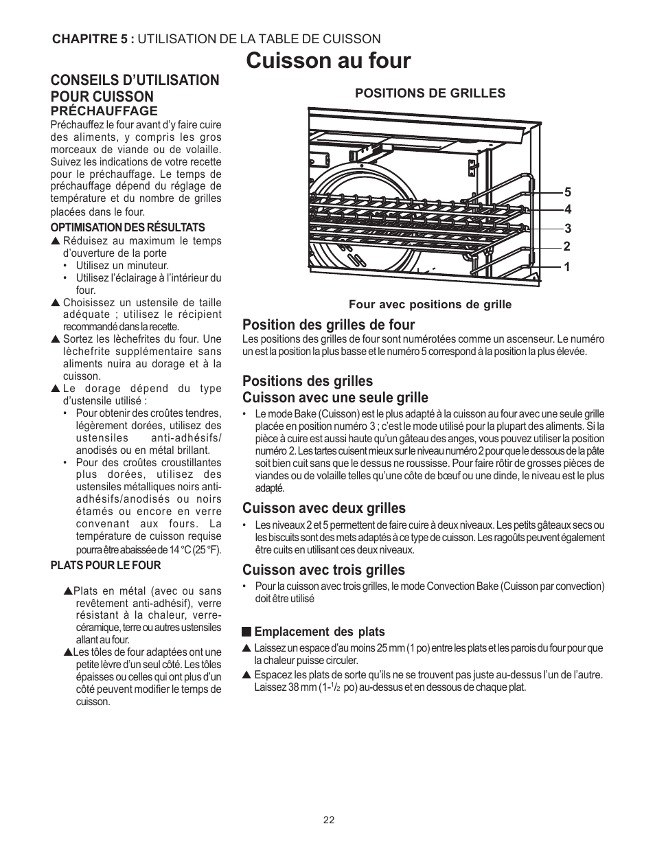 Cuisson au four, Conseils d’utilisation pour cuisson, Position des grilles de four | Cuisson avec deux grilles, Cuisson avec trois grilles | Thermador Pro-Harmony P304 User Manual | Page 64 / 124