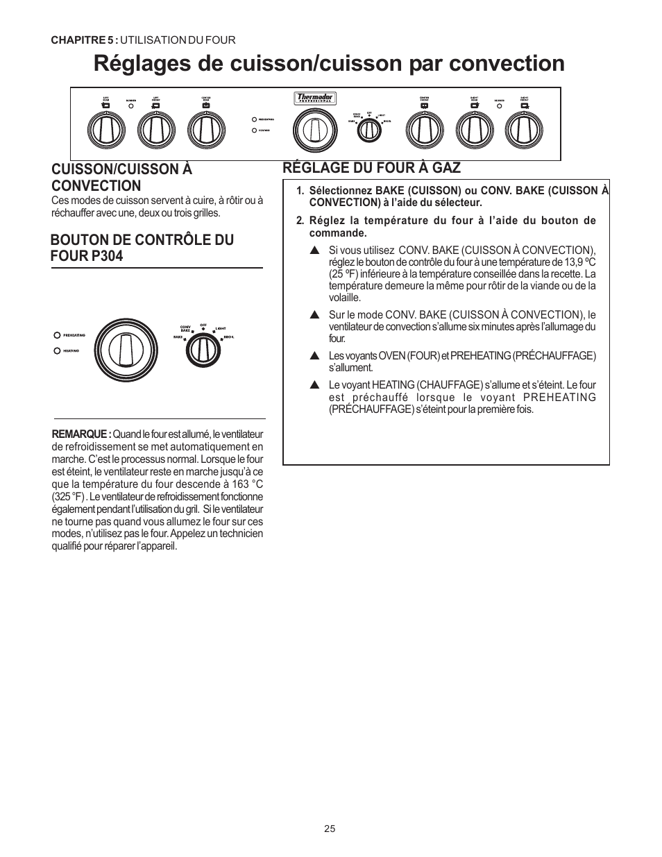 Réglages de cuisson/cuisson par convection, Bouton de contrôle du four p304, Cuisson/cuisson à convection | Réglage du four à gaz | Thermador Pro-Harmony P304 User Manual | Page 67 / 124