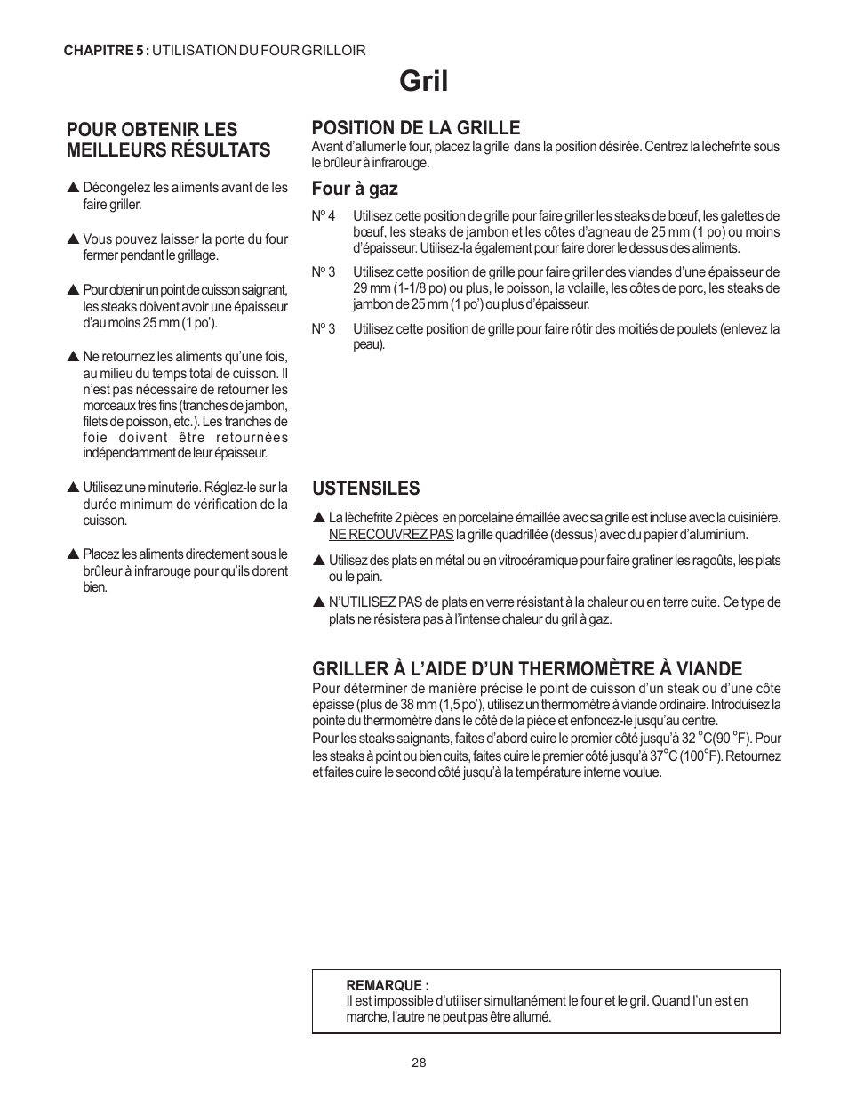 Gril, Ustensiles, Griller à l’aide d’un thermomètre à viande | Position de la grille, Four à gaz, Pour obtenir les meilleurs résultats | Thermador Pro-Harmony P304 User Manual | Page 70 / 124