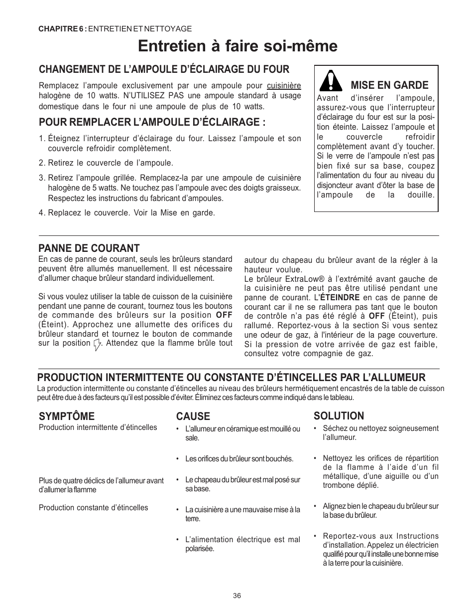 Entretien à faire soi-même, Changement de l’ampoule d’éclairage du four, Pour remplacer l’ampoule d’éclairage | Panne de courant, Mise en garde, Solution, Symptôme, Cause | Thermador Pro-Harmony P304 User Manual | Page 78 / 124