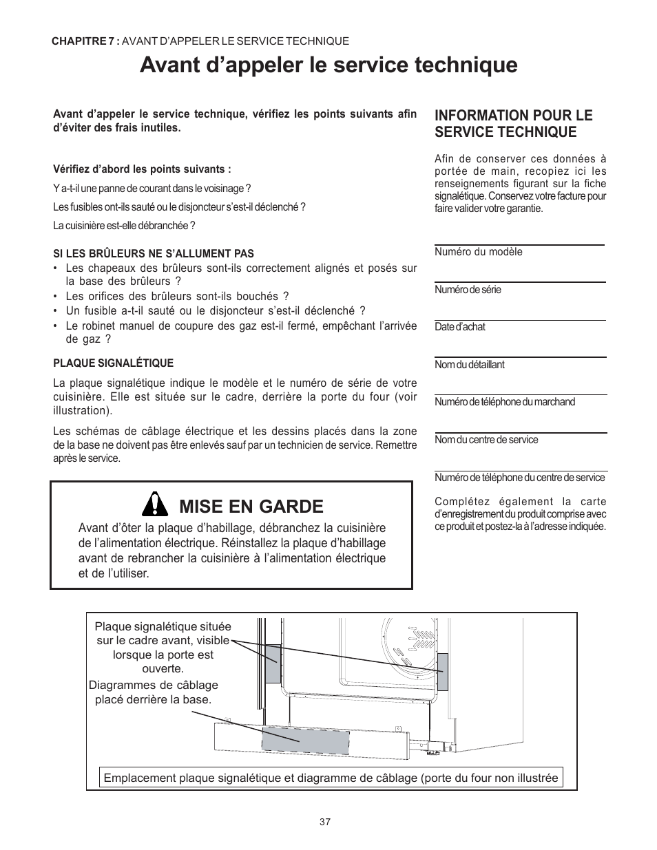 Avant d’appeler le service technique, Mise en garde, Information pour le service technique | Thermador Pro-Harmony P304 User Manual | Page 79 / 124