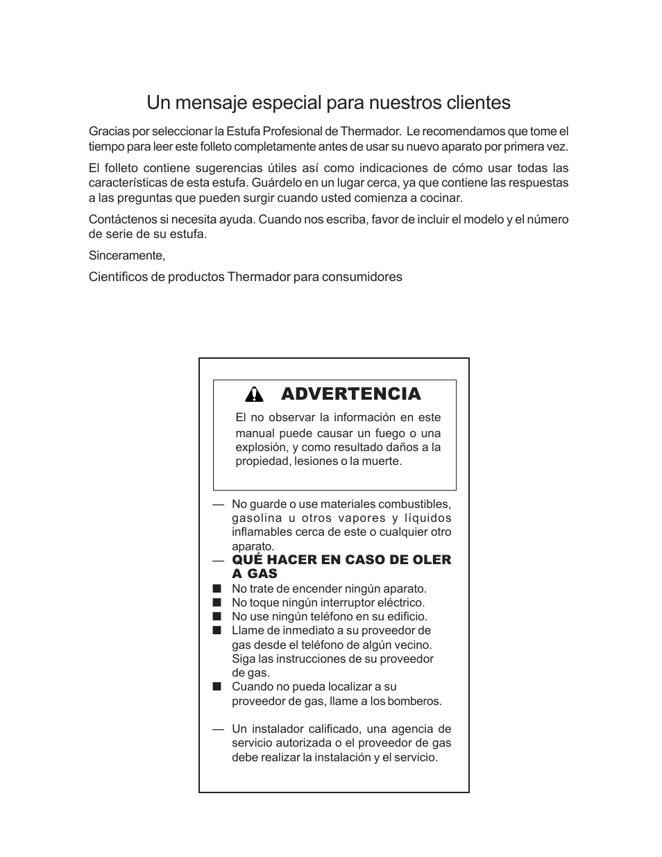 Un mensaje especial para nuestros clientes, Advertencia | Thermador Pro-Harmony P304 User Manual | Page 82 / 124