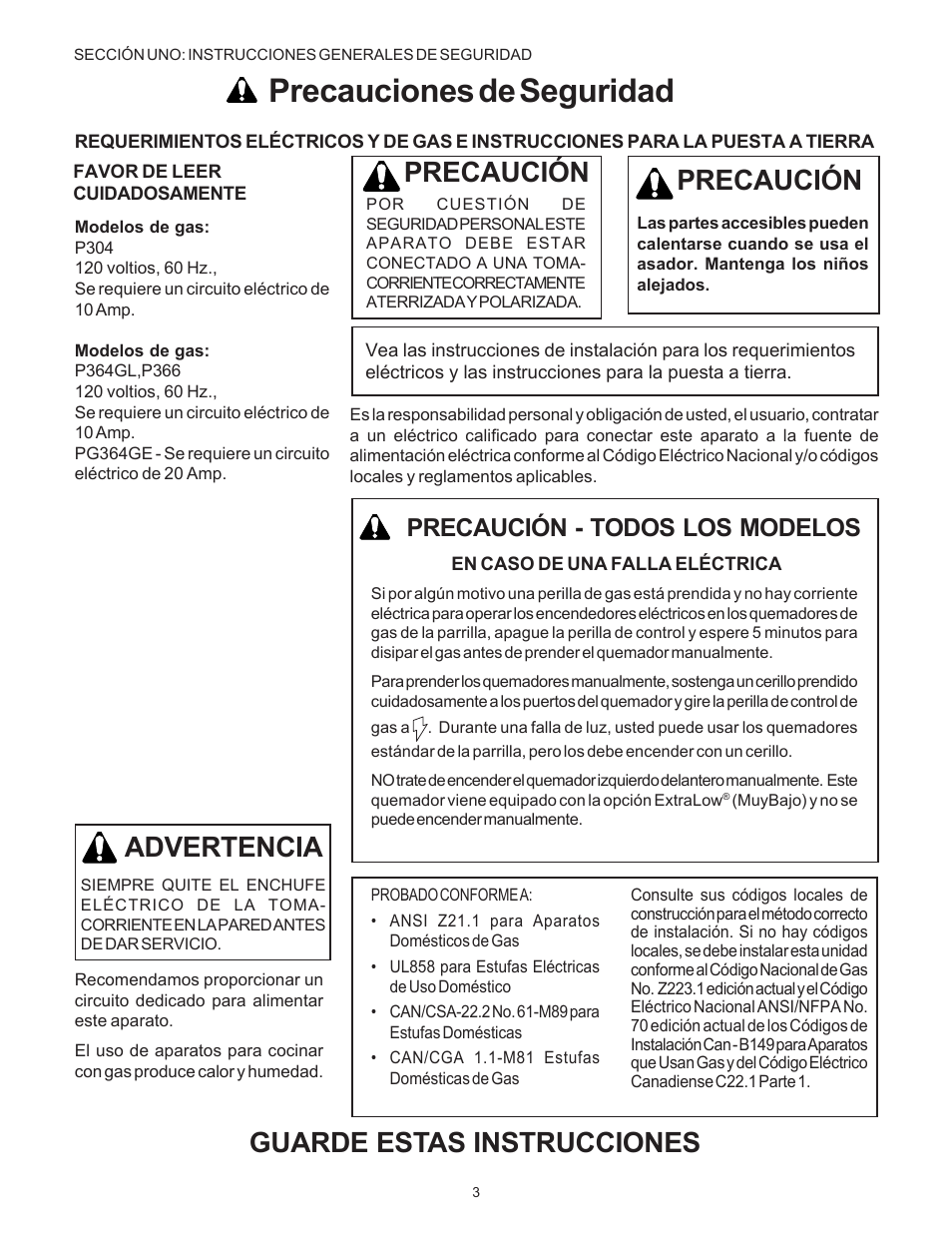 Precauciones de seguridad, Guarde estas instrucciones, Precaución | Advertencia, Precaución - todos los modelos | Thermador Pro-Harmony P304 User Manual | Page 85 / 124