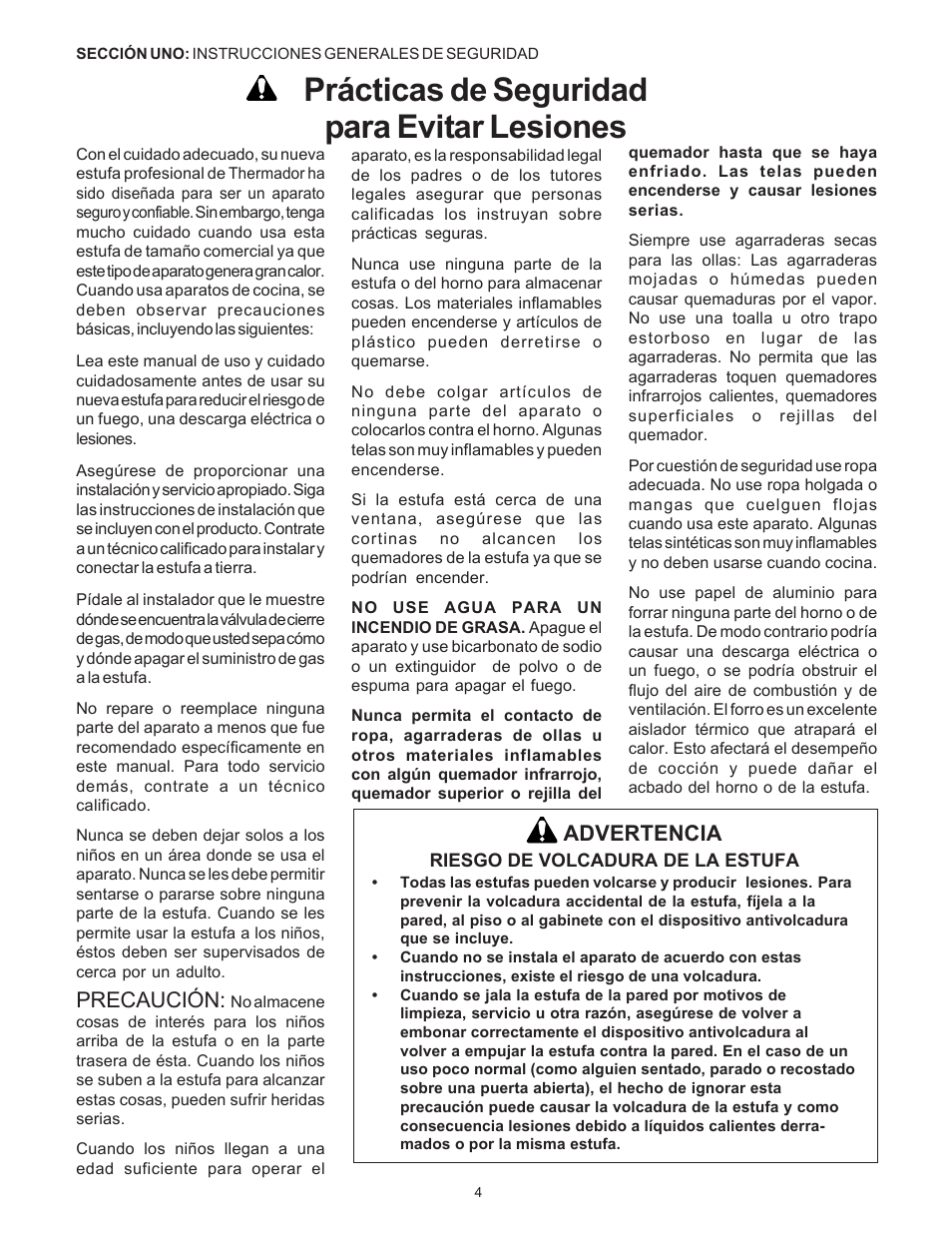 Prácticas de seguridad para evitar lesiones, Precaución, Advertencia | Thermador Pro-Harmony P304 User Manual | Page 86 / 124