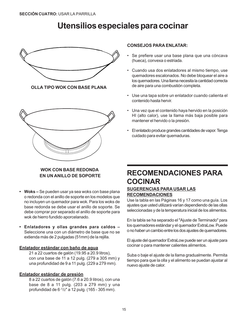 Utensilios especiales para cocinar, Recomendaciones para cocinar | Thermador Pro-Harmony P304 User Manual | Page 97 / 124