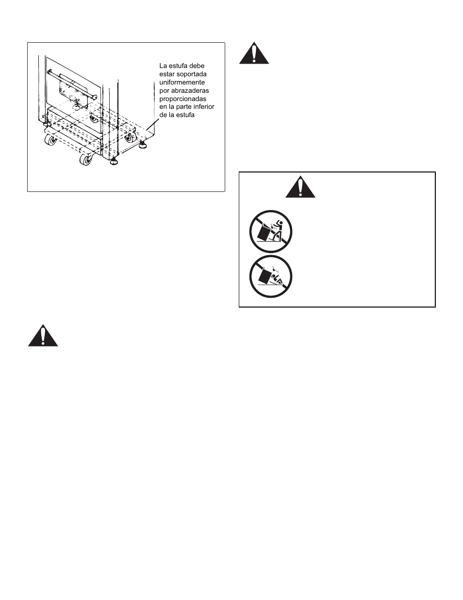 Figura 6: colocación de la carretilla, Paso 4: instalación del dispositivo antivuelco, Advertencia: riesgo de vuelco de la estufa | Advertencia: riesgo de descarga eléctrica, Precaución: daños a la propiedad | Thermador PRL36 User Manual | Page 52 / 64