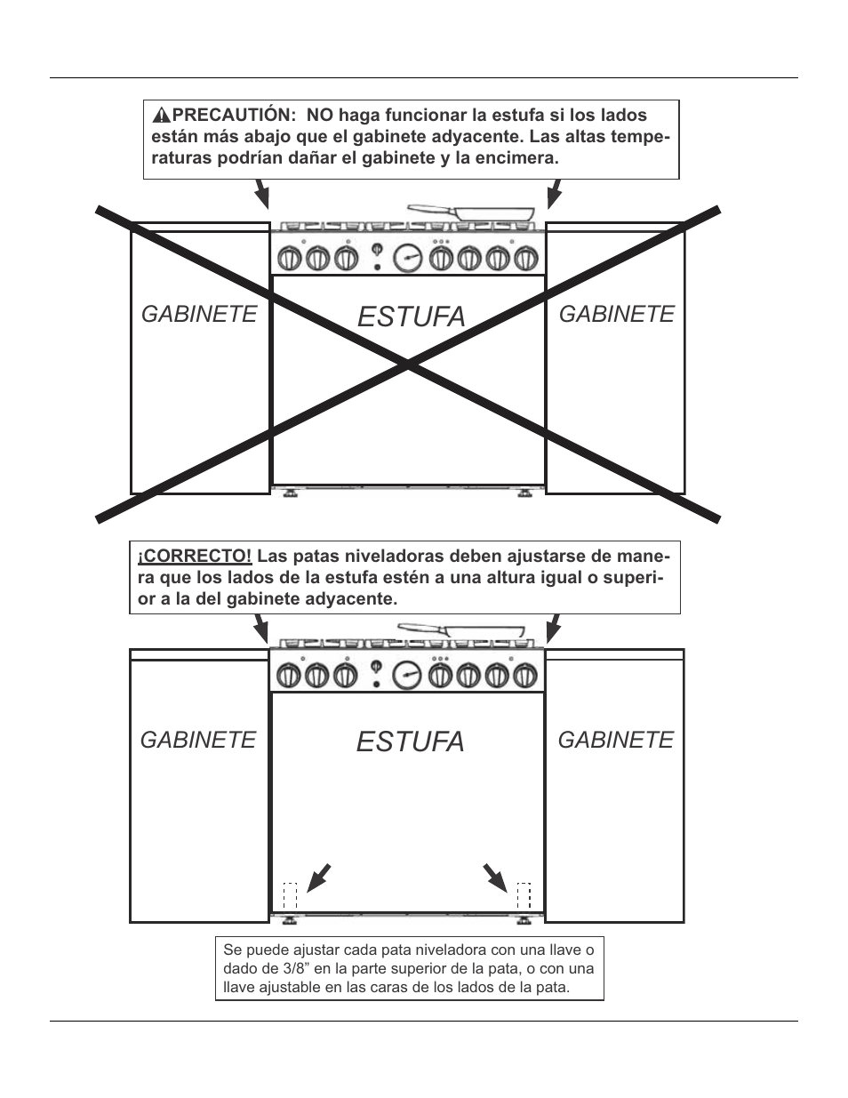 Figura 12: ajuste de la altura de la estufa, Estufa, Gabinete | Thermador PRL36 User Manual | Page 60 / 64