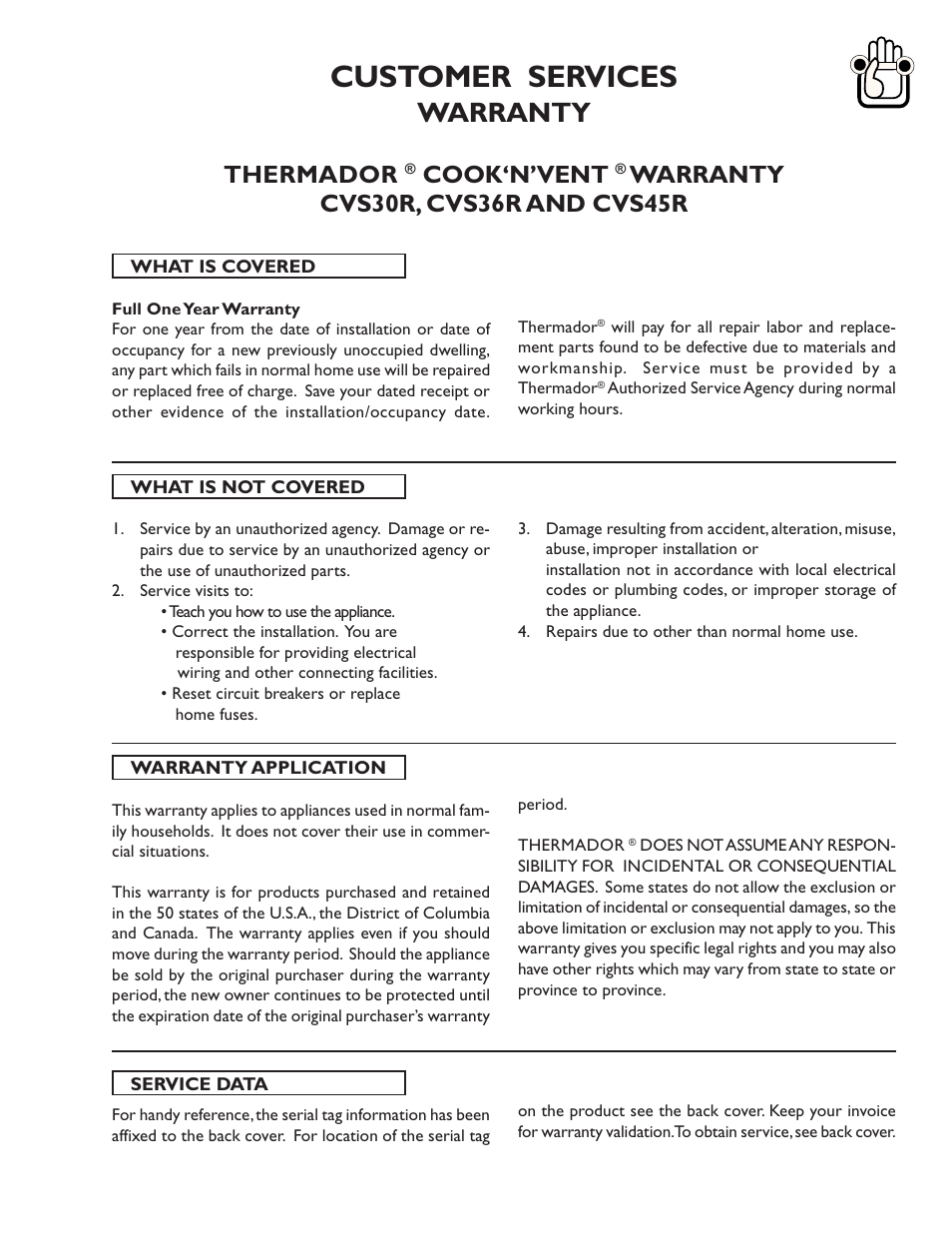 Customer services, Warranty, Thermador | Cook‘n’vent | Thermador CVS45R User Manual | Page 7 / 8