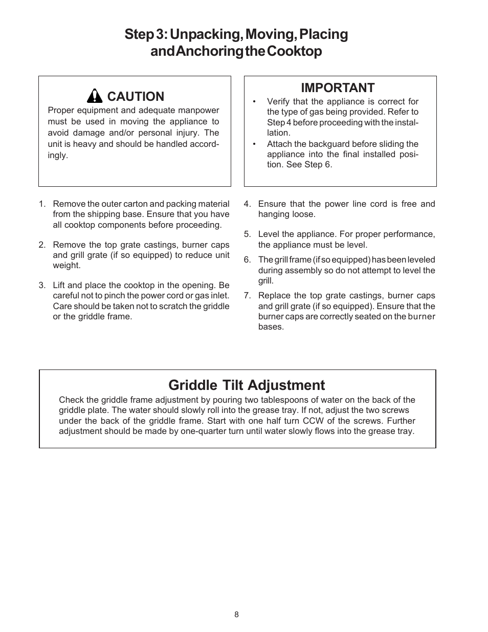 Griddle tilt adjustment, Important, Caution | Thermador P24WK User Manual | Page 10 / 52