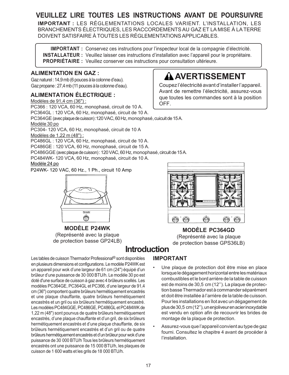 Introduction, Avertissement | Thermador P24WK User Manual | Page 19 / 52