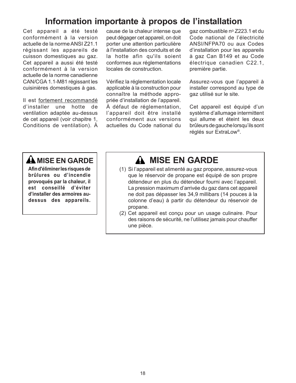 Mise en garde, Information importante à propos de l’installation | Thermador P24WK User Manual | Page 20 / 52