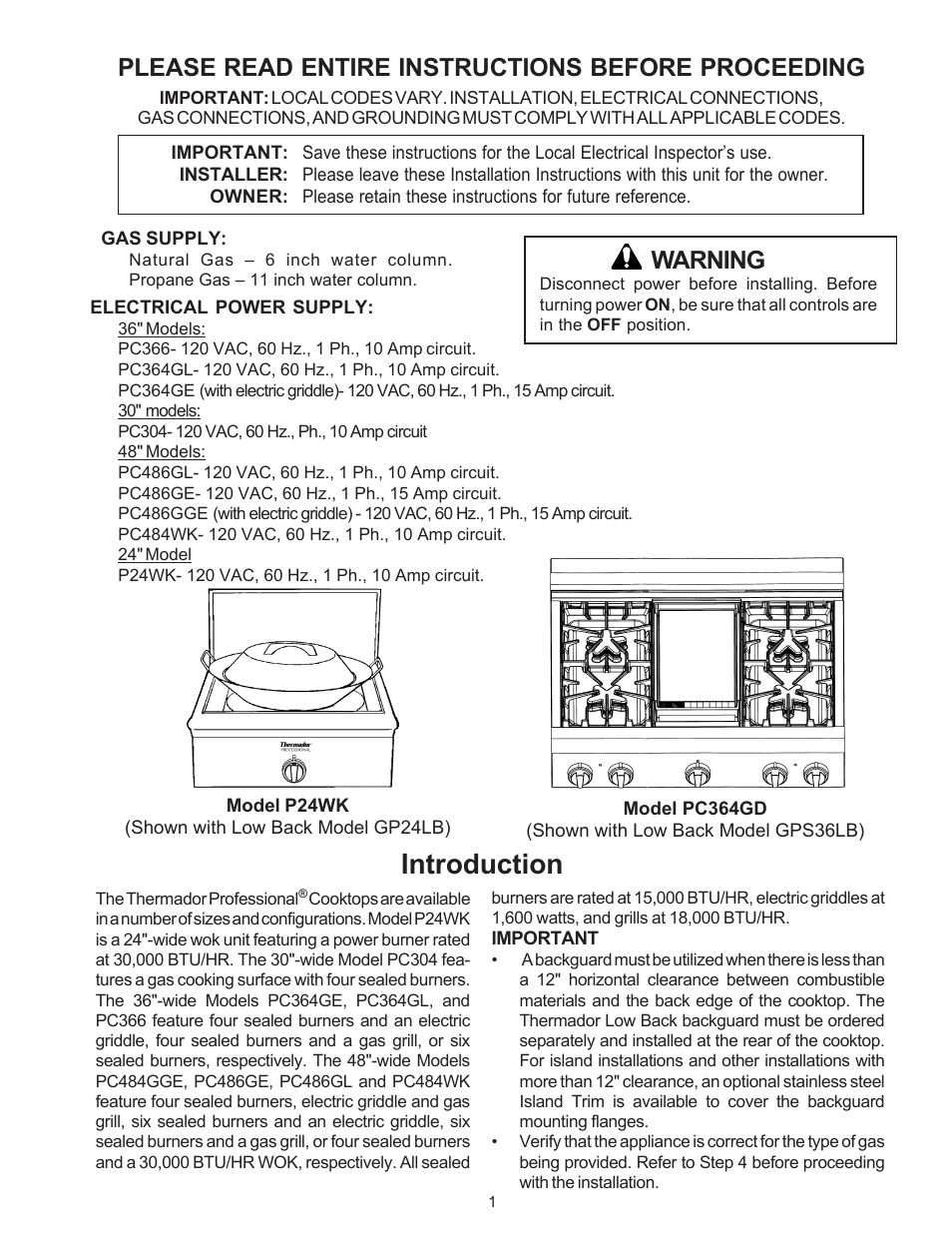 Introduction, Please read entire instructions before proceeding, Warning | Thermador P24WK User Manual | Page 3 / 52