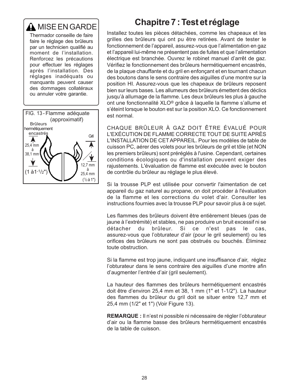 Chapitre 7 : test et réglage, Mise en garde | Thermador P24WK User Manual | Page 30 / 52