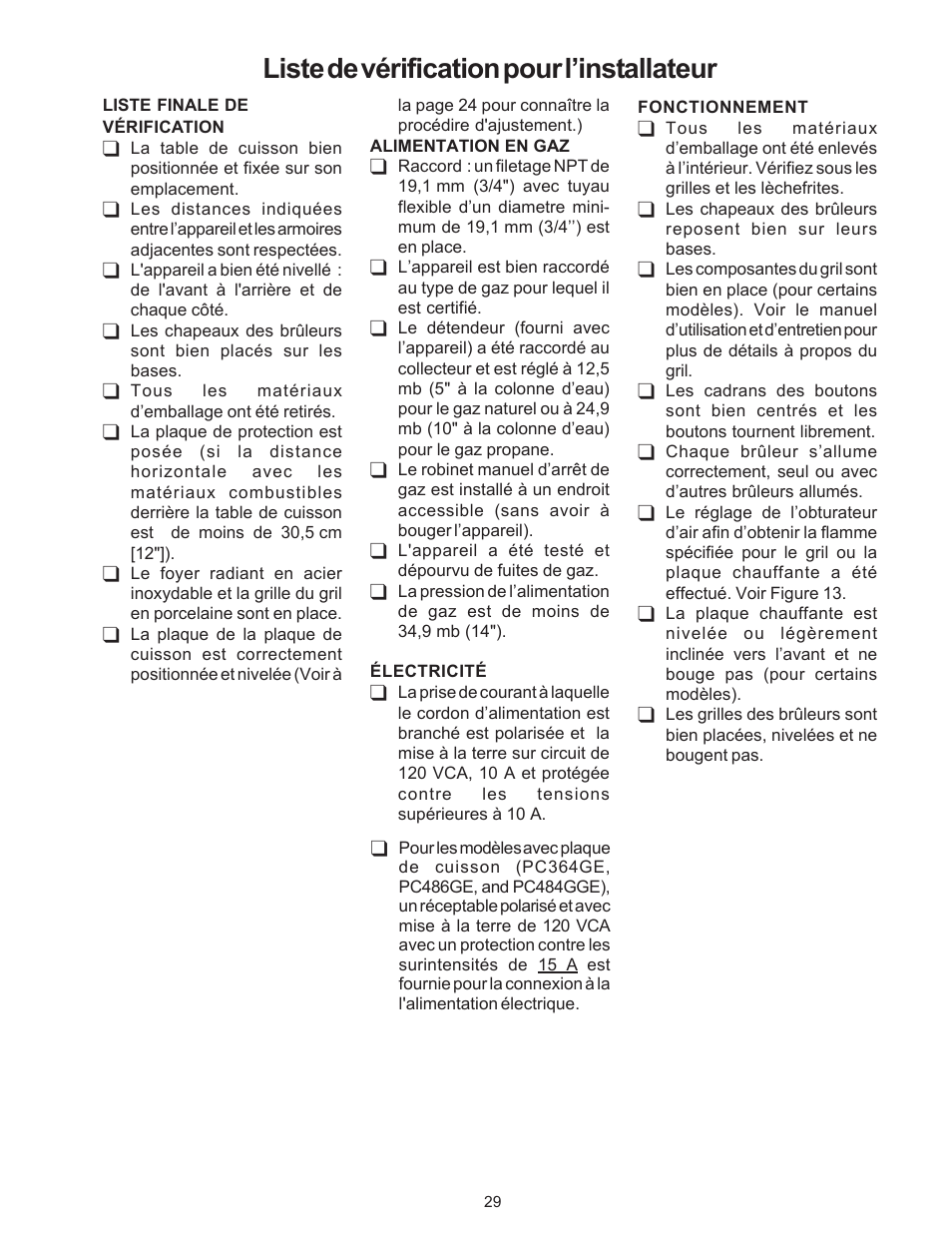 Liste de vérification pour l’installateur | Thermador P24WK User Manual | Page 31 / 52