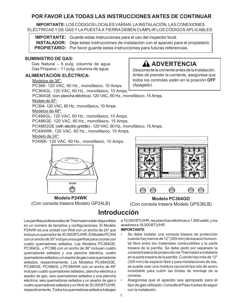 Introducción, Advertencia | Thermador P24WK User Manual | Page 35 / 52