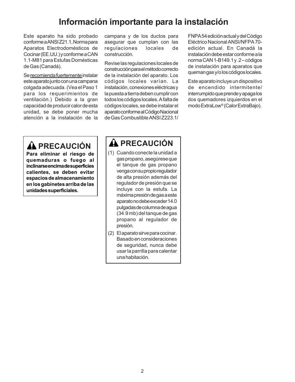 Información importante para la instalación, Precaución | Thermador P24WK User Manual | Page 36 / 52