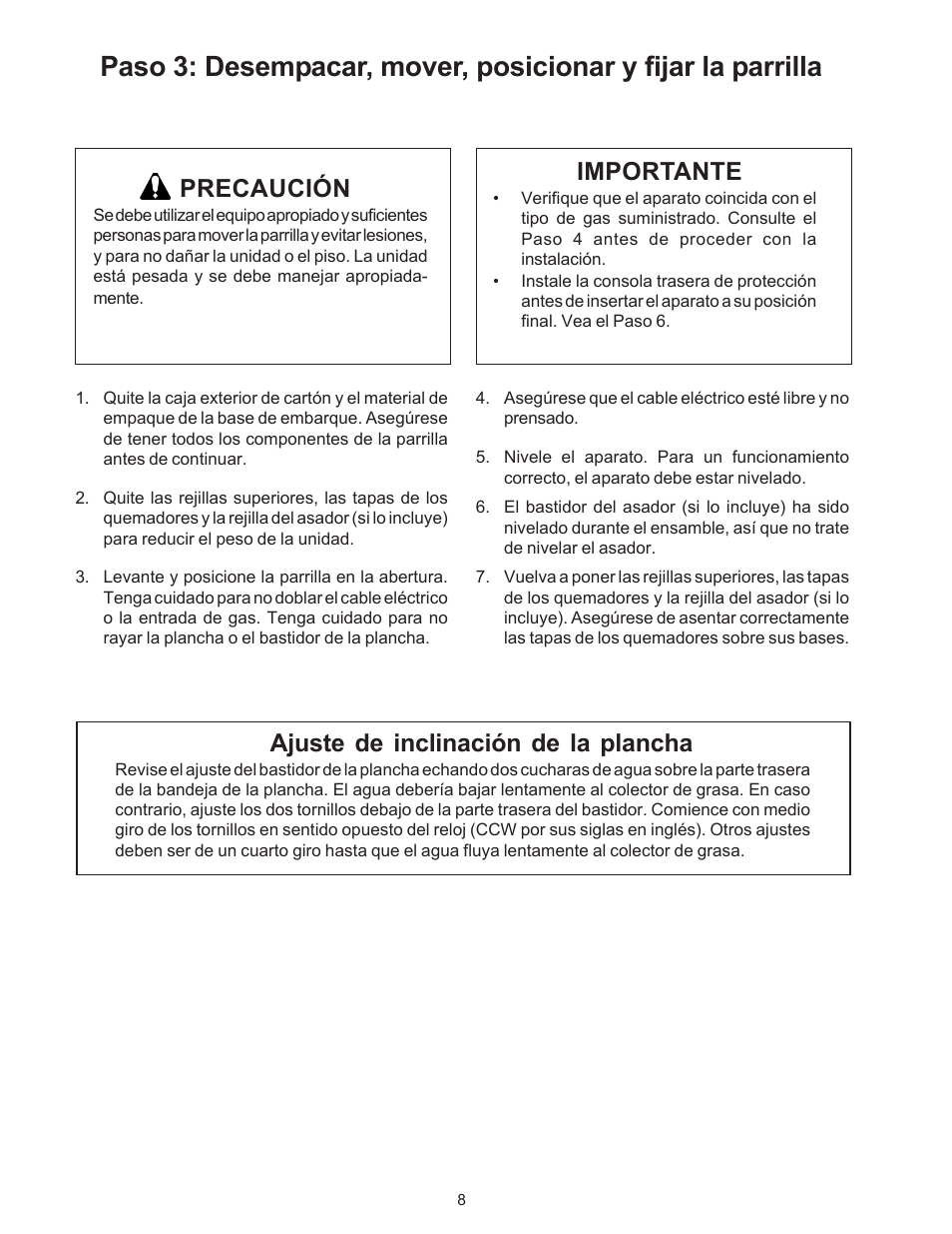 Importante, Precaución, Ajuste de inclinación de la plancha | Thermador P24WK User Manual | Page 42 / 52