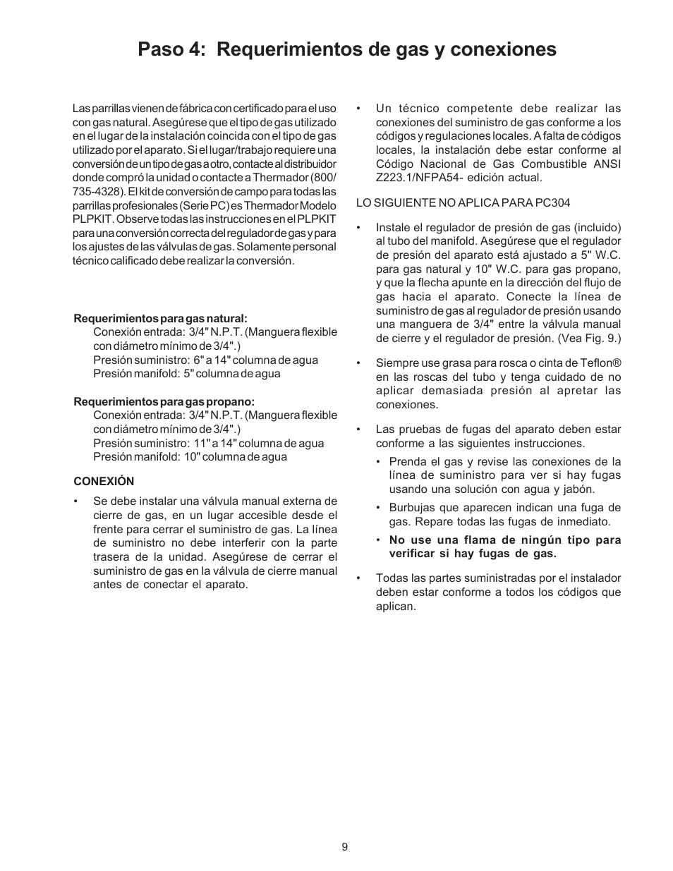 Paso 4: requerimientos de gas y conexiones | Thermador P24WK User Manual | Page 43 / 52