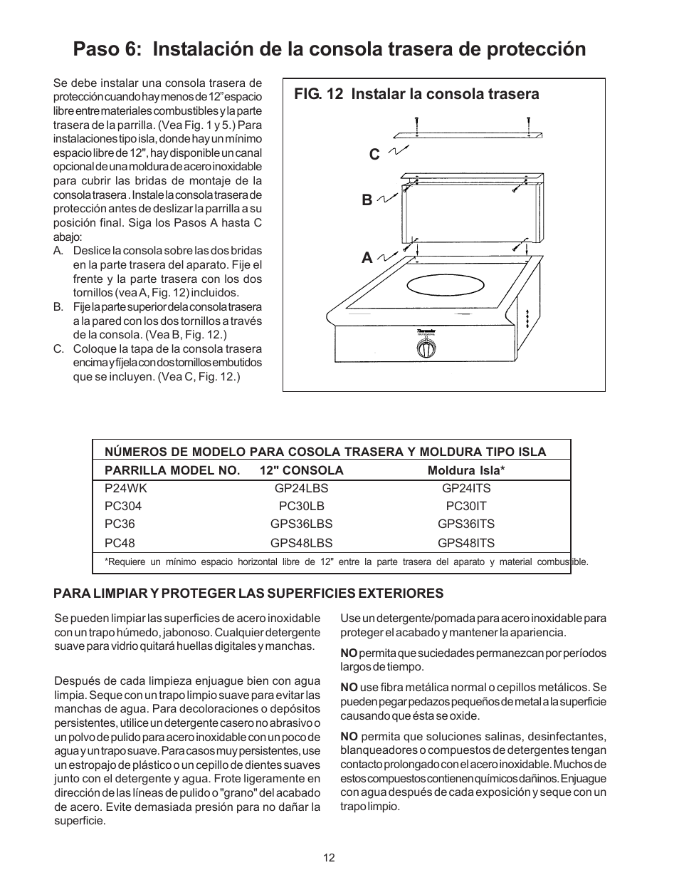 Fig. 12 instalar la consola trasera c b a | Thermador P24WK User Manual | Page 46 / 52