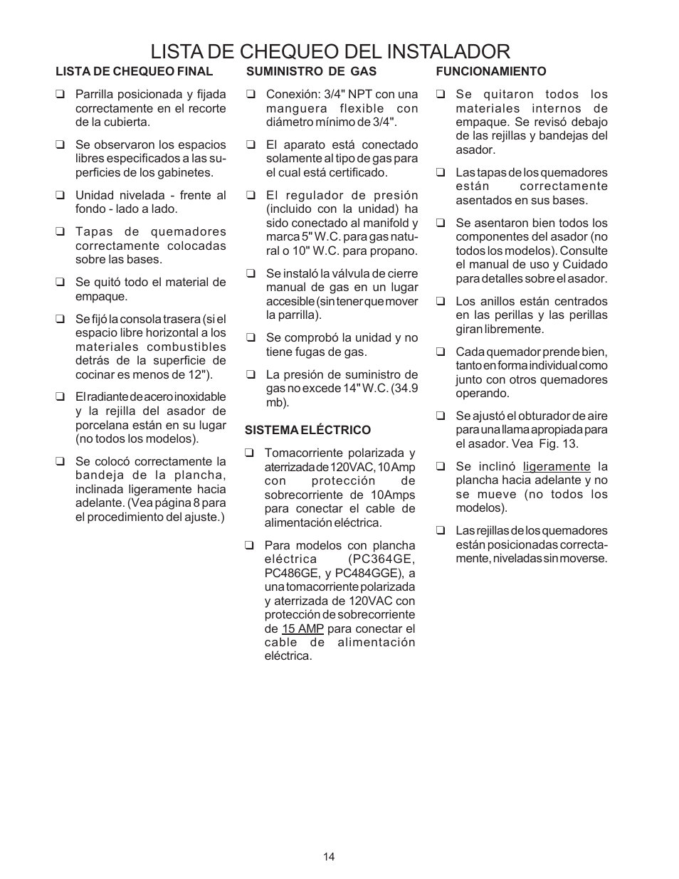 Lista de chequeo del instalador | Thermador P24WK User Manual | Page 48 / 52