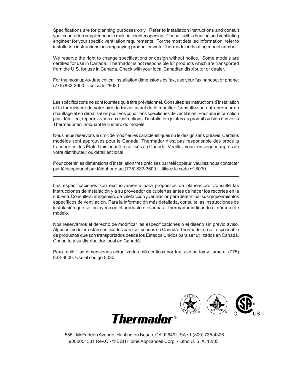 Thermador P24WK User Manual | Page 52 / 52