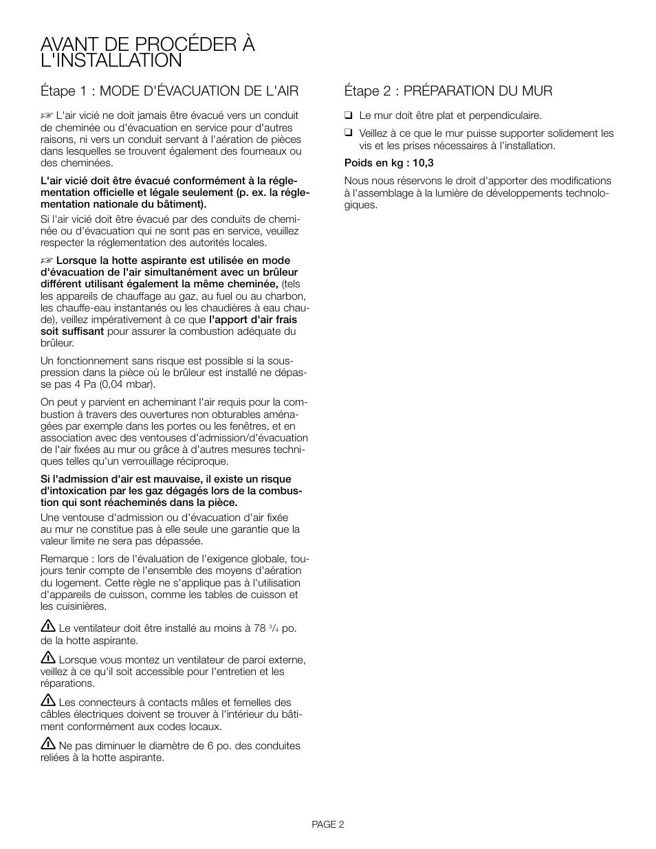 Avant de procéder à l'installation, Étape 1 : mode d'évacuation de l'air, Étape 2 : préparation du mur | Thermador VTR630D User Manual | Page 10 / 20