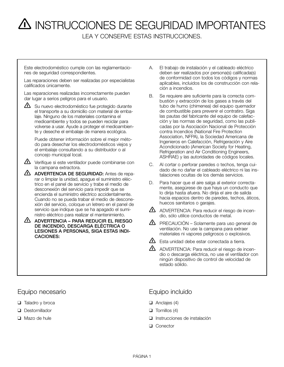 Instrucciones de seguridad importantes, Equipo necesario, Equipo incluido | Lea y conserve estas instrucciones | Thermador VTR630D User Manual | Page 15 / 20