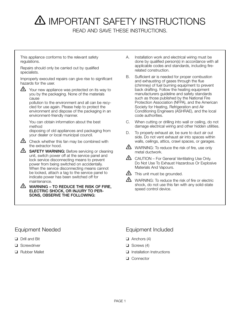 Important safety instructions, Equipment needed, Equipment included | Thermador VTR630D User Manual | Page 3 / 20