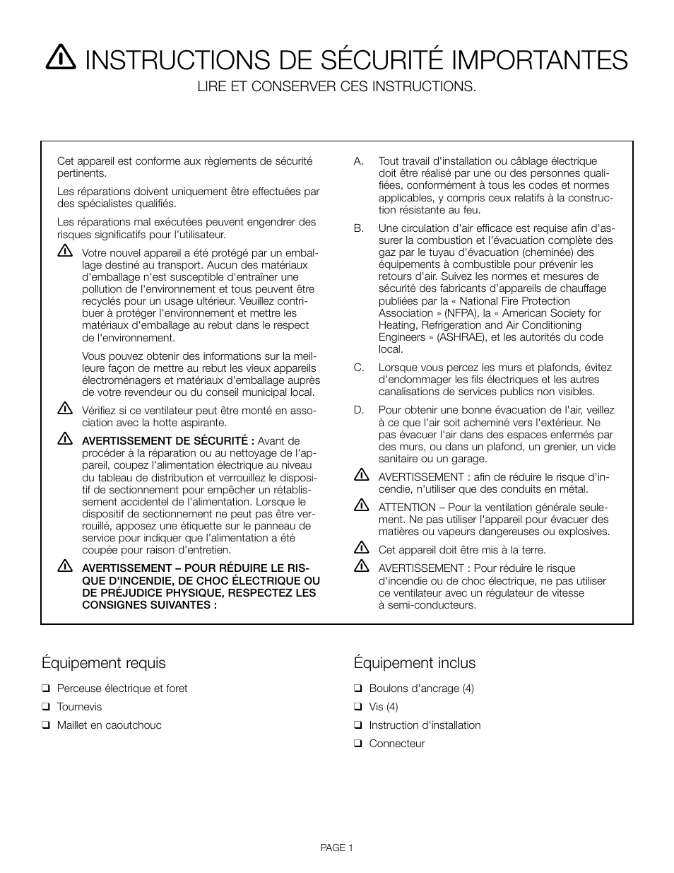 Instructions de sécurité importantes, Équipement requis, Équipement inclus | Lire et conserver ces instructions | Thermador VTR630D User Manual | Page 9 / 20