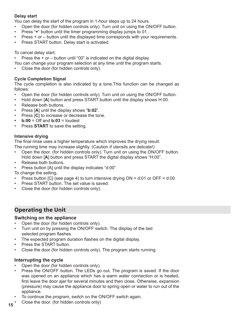 Operating the unit | Thermador Dishwasher User Manual | Page 15 / 66