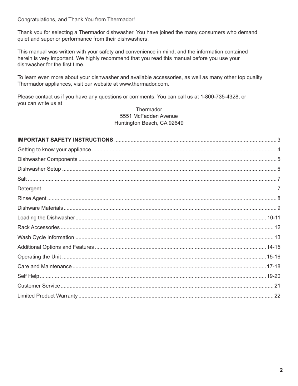 Thermador Dishwasher User Manual | Page 2 / 66