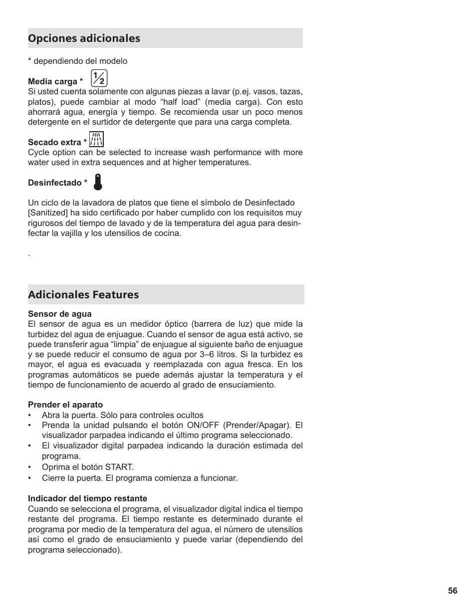 Opciones adicionales adicionales features | Thermador Dishwasher User Manual | Page 56 / 66