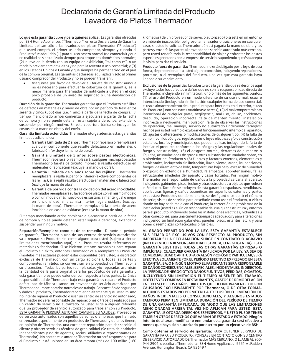 Thermador Dishwasher User Manual | Page 65 / 66