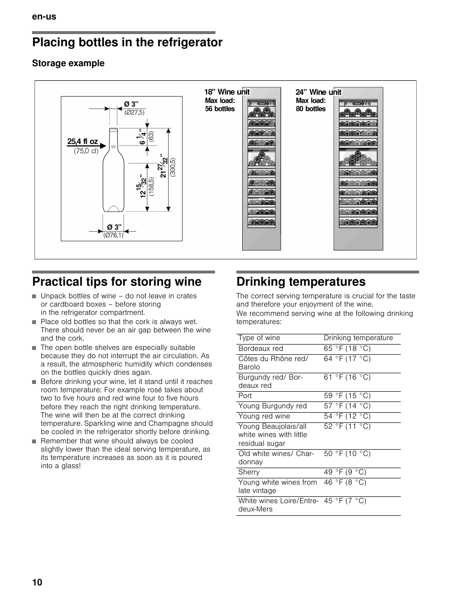 Placing bottles in the refrigerator, Practical tips for storing wine, Drinking temperatures | En-us 10, Storage example | Thermador T24IW User Manual | Page 10 / 42