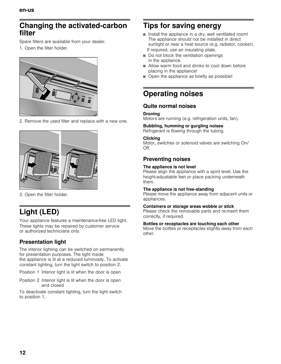 Changing the activated-carbon filter, Light (led), Tips for saving energy | Operating noises | Thermador T24IW User Manual | Page 12 / 42