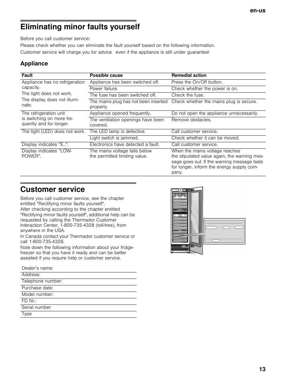 Eliminating minor faults yourself, Customer service | Thermador T24IW User Manual | Page 13 / 42