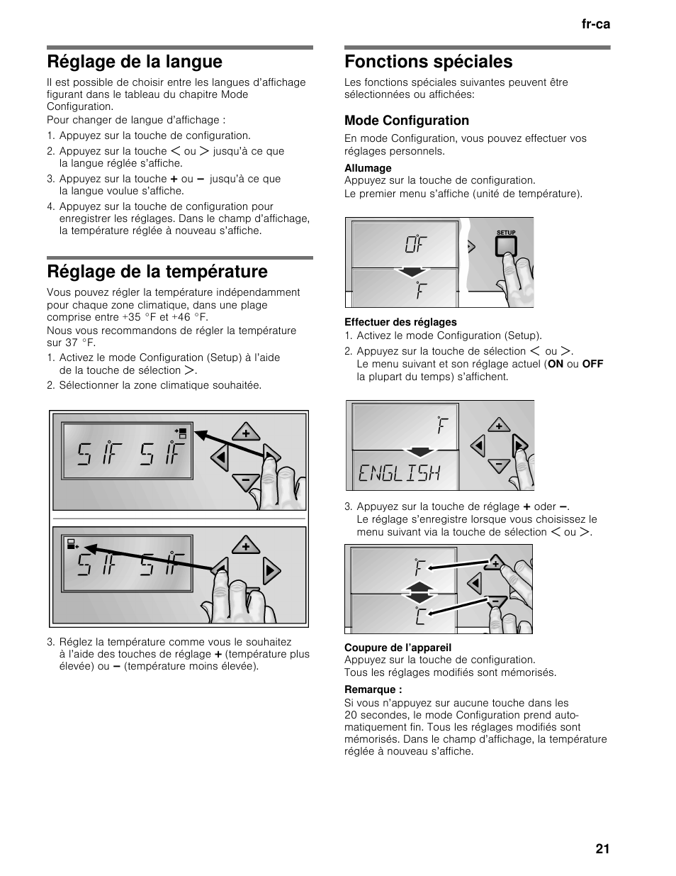 Réglage de la langue, Réglage de la température, Fonctions spéciales | Thermador T24IW User Manual | Page 21 / 42