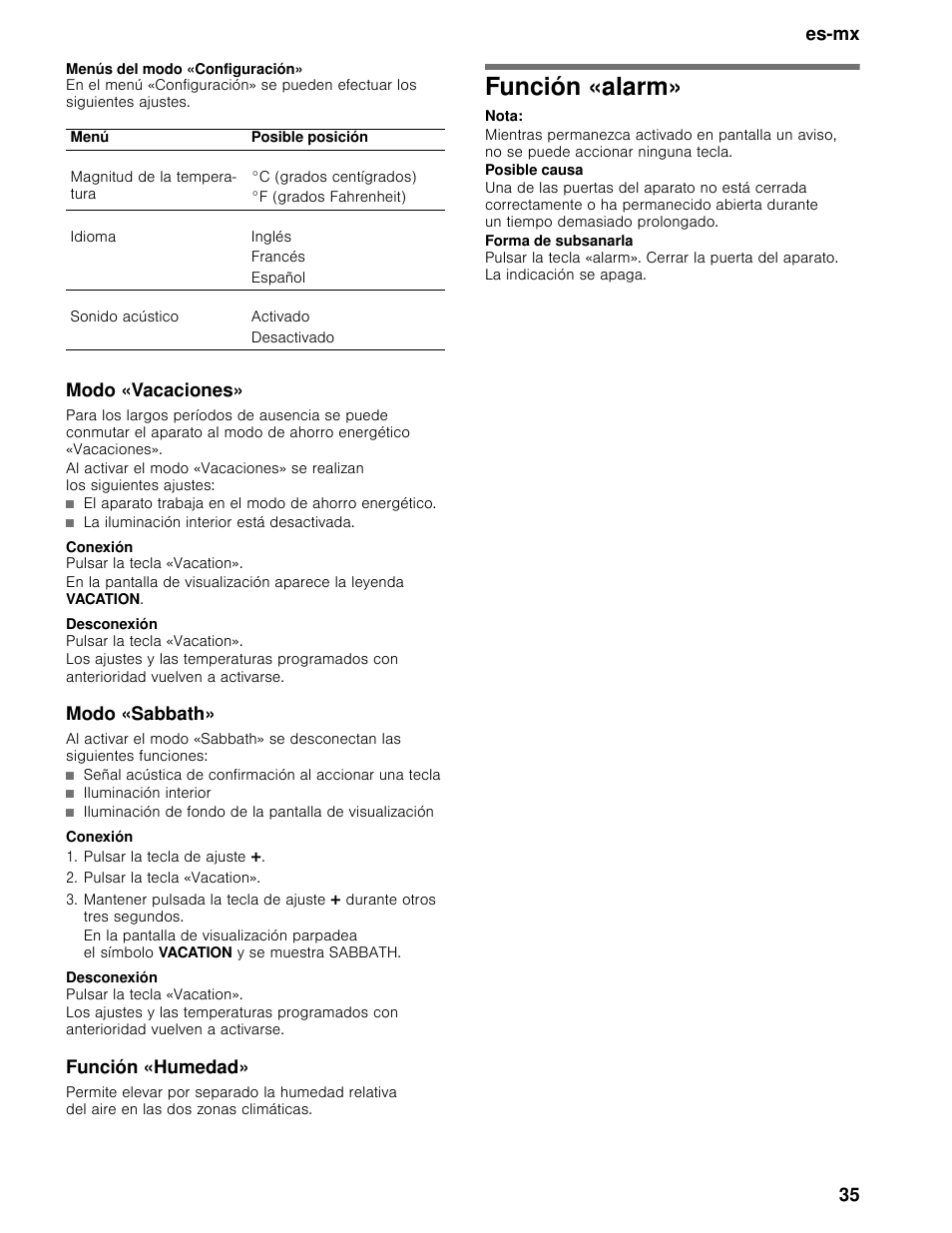 Función «alarm, Es-mx 35, Modo «vacaciones | Modo «sabbath, Función «humedad | Thermador T24IW User Manual | Page 35 / 42